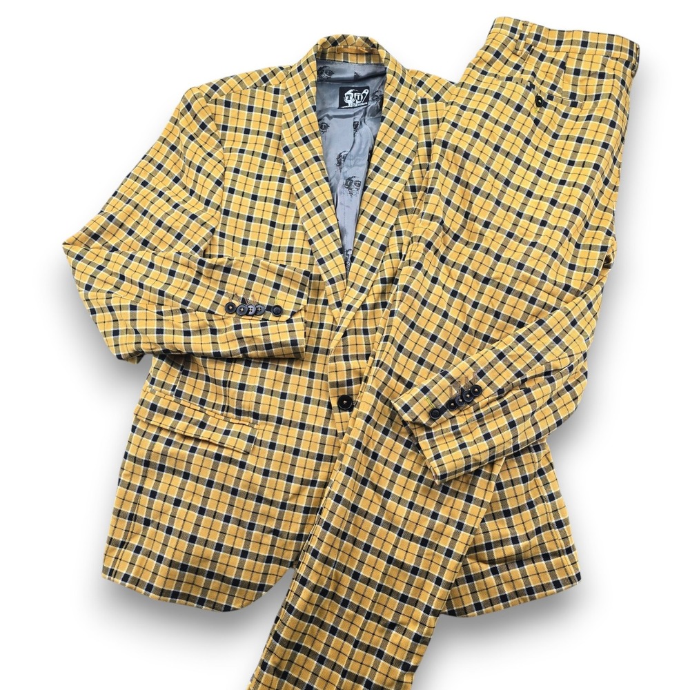Twisted Tailor Austen Suit Mens 44R Mustard Yellow Plaid Excellent Slim Fit 2pc - Picture 1 of 16